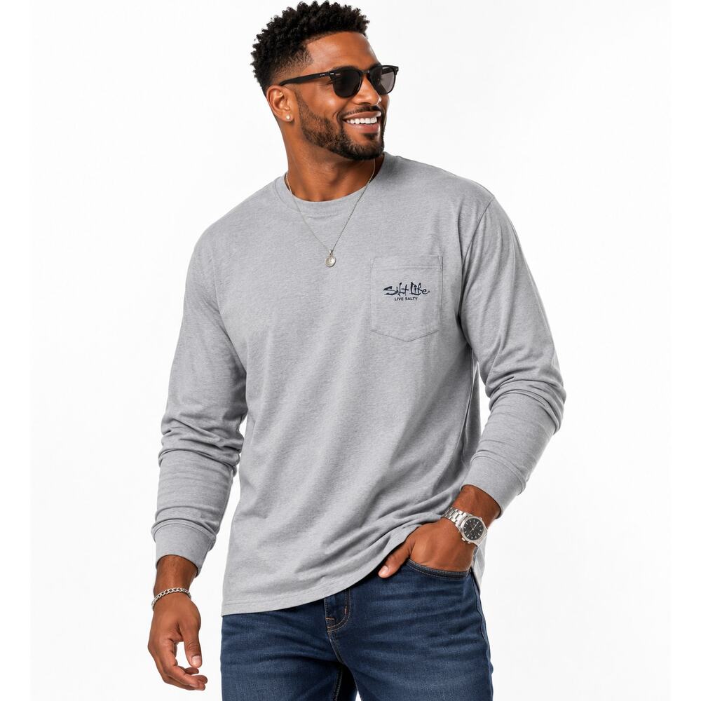 NWOT Salt Life Men’s Gray Long Sleeve Pocket Tee Shirt Size XLG Preshrunk Cotton